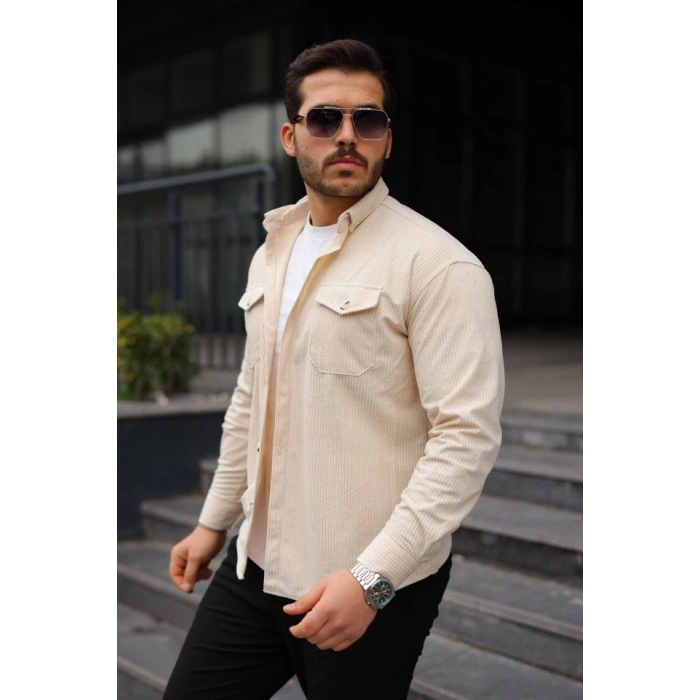 Erkek Uzun Kollu Cepli Kadife Gömlek
