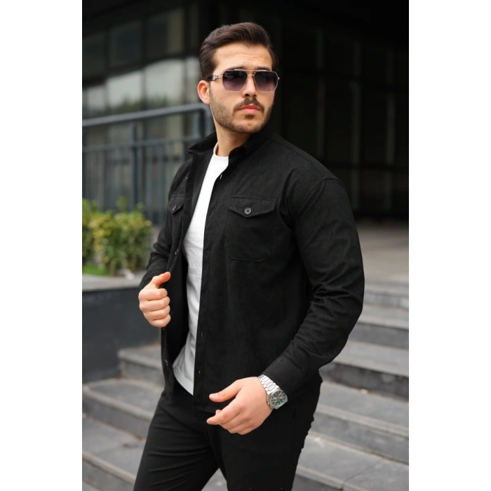 Erkek Uzun Kollu Cepli Kadife Gömlek