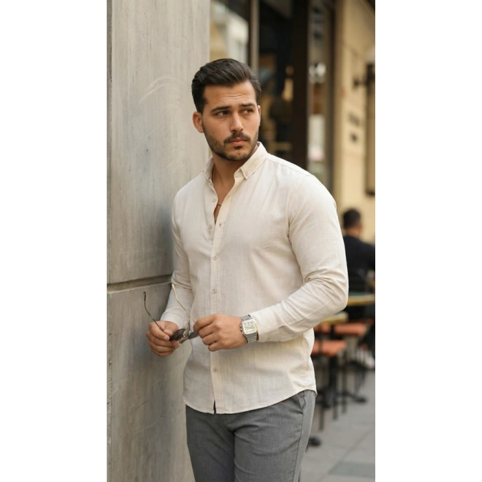 Erkek Uzun Kollu Rahat Keten Gömlek