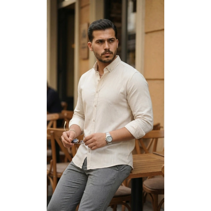 Erkek Uzun Kollu Rahat Keten Gömlek