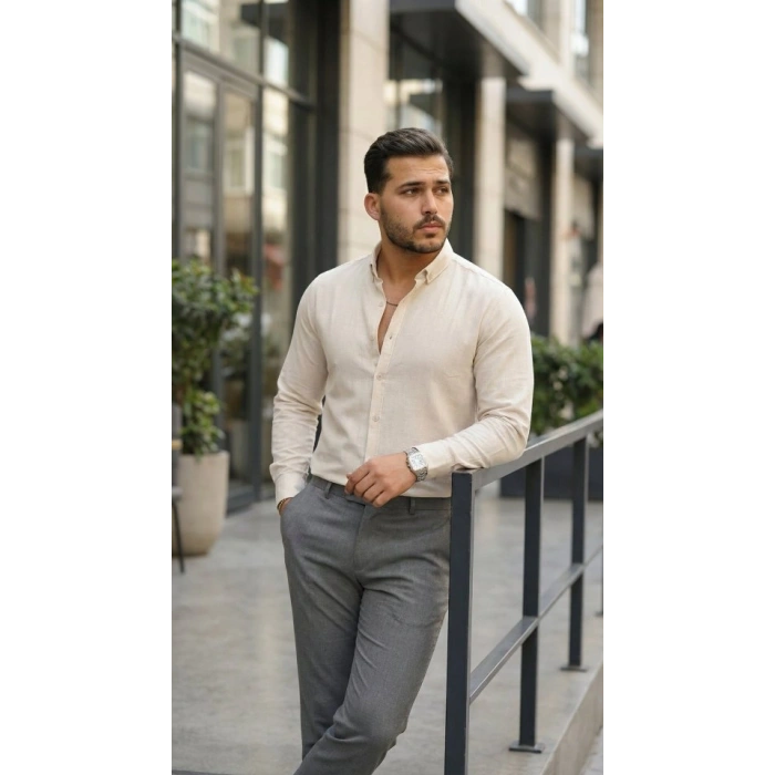 Erkek Uzun Kollu Rahat Keten Gömlek