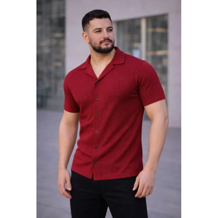 Erkek Waffle Kumaş Kısa Kollu Düğmeli Açık Yaka Regular Fit Gömlek - Kırmızı