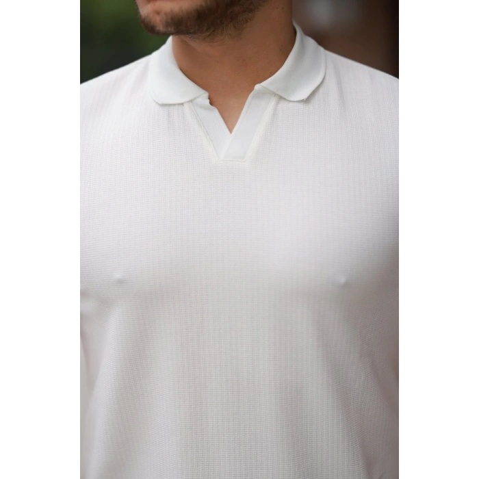 Erkek Yakalı Waffle Dokulu Kısa Kollu Tişört