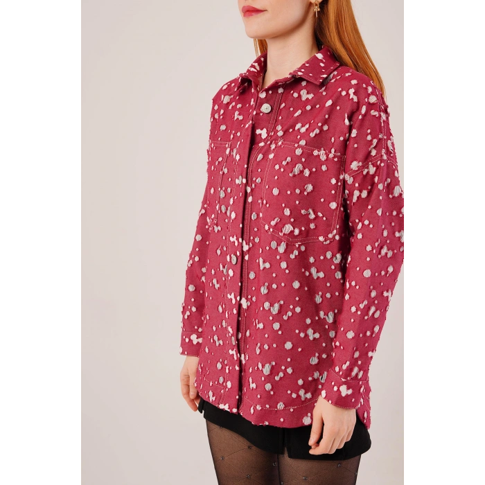 Eskitme Görünümlü Denim Bordo Gömlek