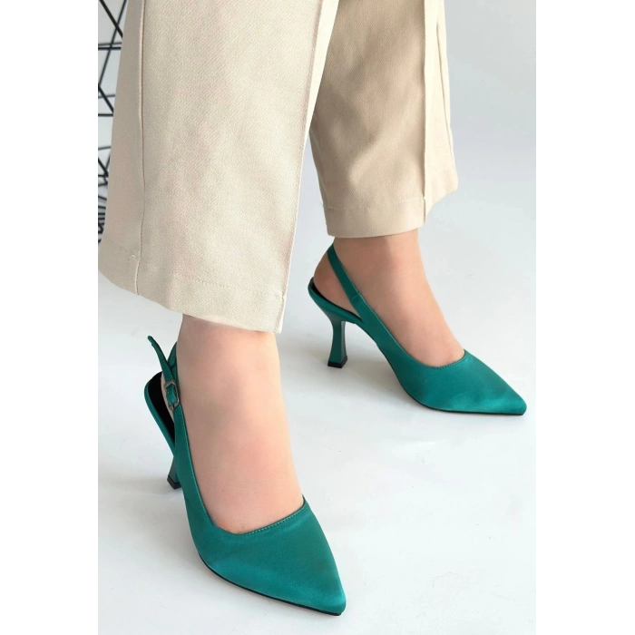 Ester Turkuaz Saten Topuklu Ayakkabı
