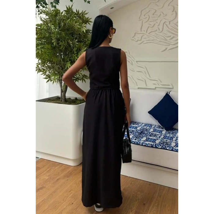 Etek Yırtmaçlı Yelekli Keten Takım 10131