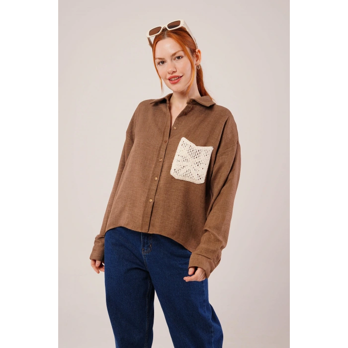 Etnik Cep Detaylı Kahverengi Gömlek