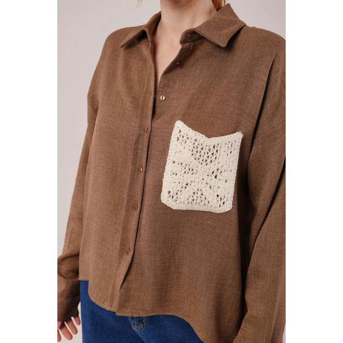 Etnik Cep Detaylı Kahverengi Gömlek