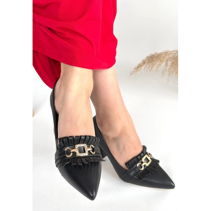 Farye Siyah Cilt Topuklu Ayakkabı