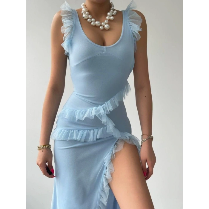 Felix Yırtmaçlı Midi Tül Elbise