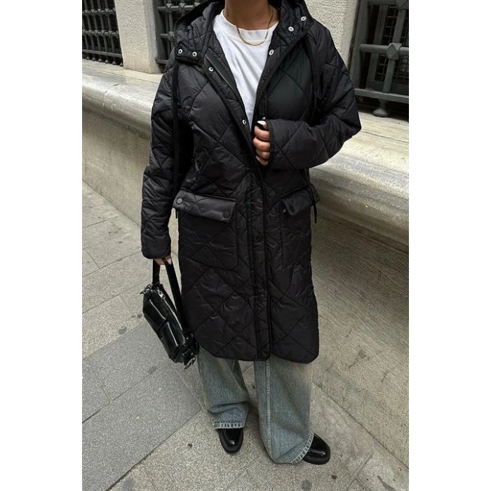 Fermuar Ve Kapşonlu Uzun Kapitone Mont 7062