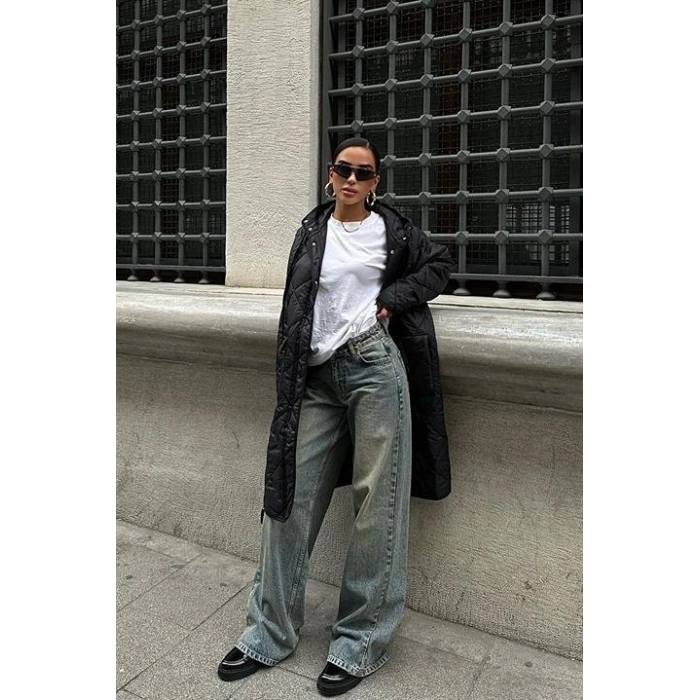 Fermuar Ve Kapşonlu Uzun Kapitone Mont 7062