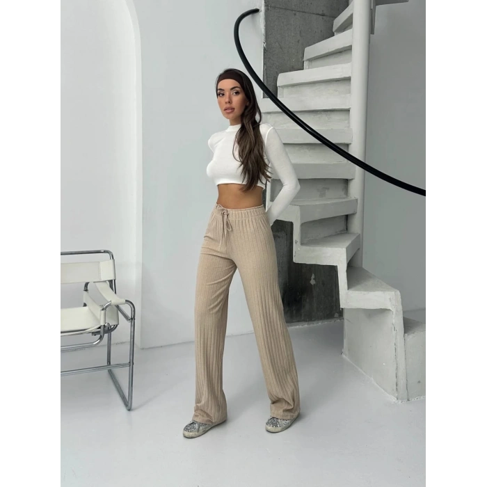 Fitilli şardonlu pantolon bej a4058