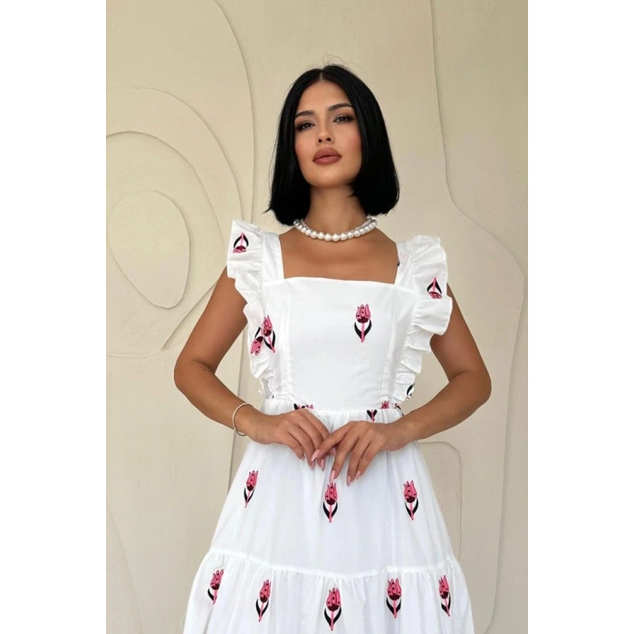 Fuşya Sıfır Kol Fırfırlı Elbise