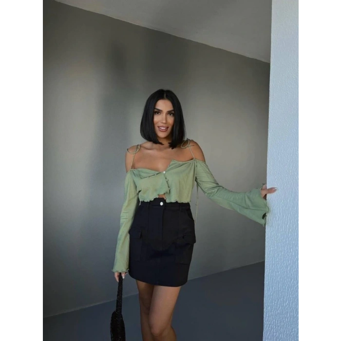 GABARDİN KISA ETEK CEP DETAYLI - Siyah