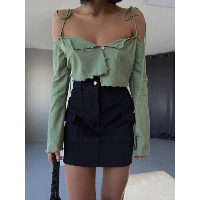 GABARDİN KISA ETEK CEP DETAYLI - Siyah