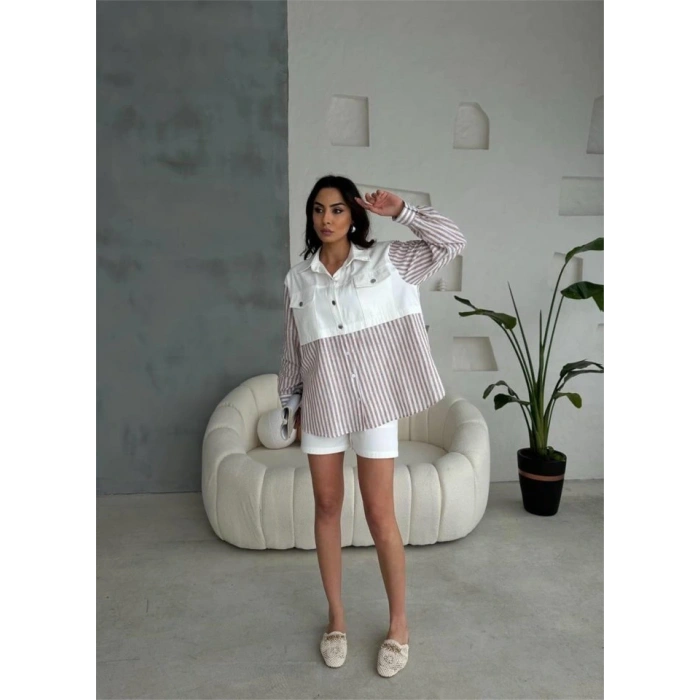 GABARDİN ŞORT - GABARDİN - ÇİZGİLİ KETEN GARNİLİ CEKET TAKIM - Kahverengi