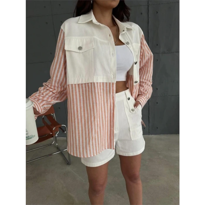 GABARDİN ŞORT - GABARDİN - ÇİZGİLİ KETEN GARNİLİ CEKET TAKIM - Orange