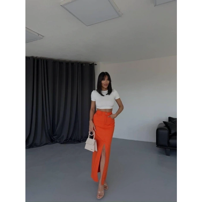 GABARDİN UZUN ÖNDEN YIRTMAÇLI ETEK - Turuncu