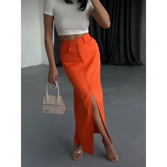 GABARDİN UZUN ÖNDEN YIRTMAÇLI ETEK - Turuncu