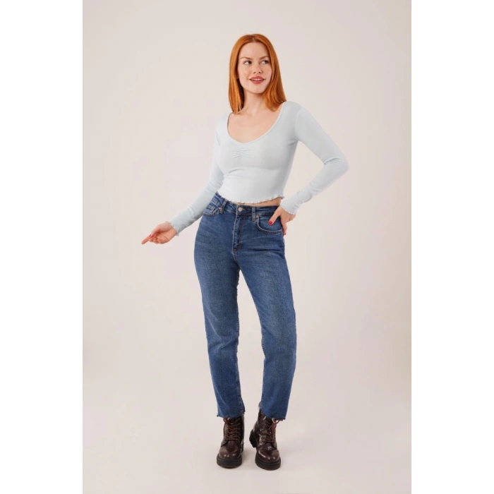 Geniş Yaka Bebe Mavisi Basic Body Bluz