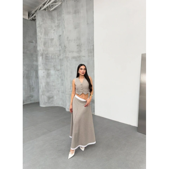 Gi̇o Çi̇zgi̇li̇ Garni̇li̇ Mi̇di̇ Etek Yelek Takim