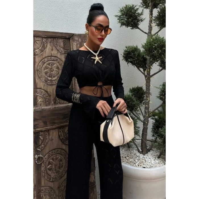 Göğüs Bağcık Detaylı Ajurlu Bluz Pantolon Takım 10098