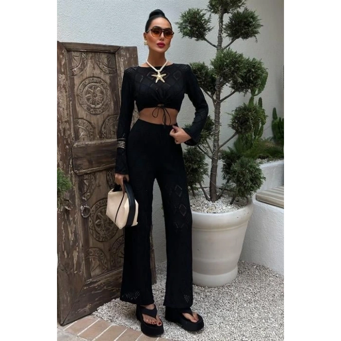 Göğüs Bağcık Detaylı Ajurlu Bluz Pantolon Takım 10098