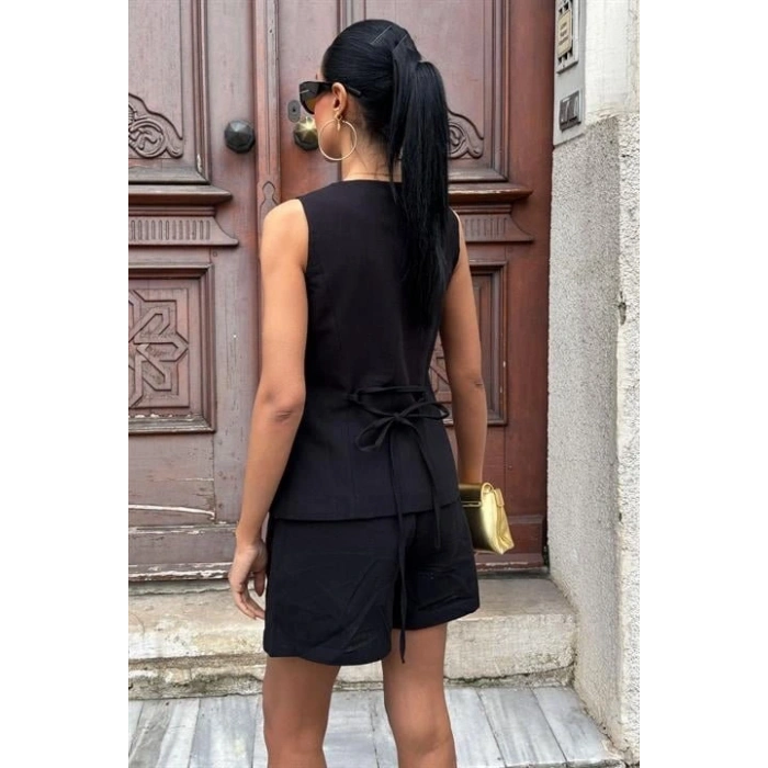 Gold Düğme Detaylı Yelek Şort Cotton Takım 10134-17