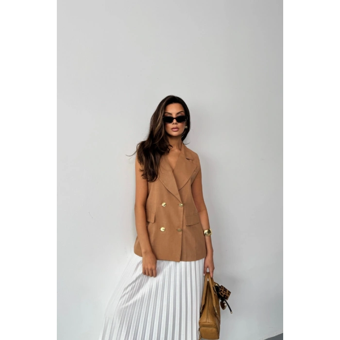 GOLD DÜĞMELİ KETEN YELEK - Kahverengi