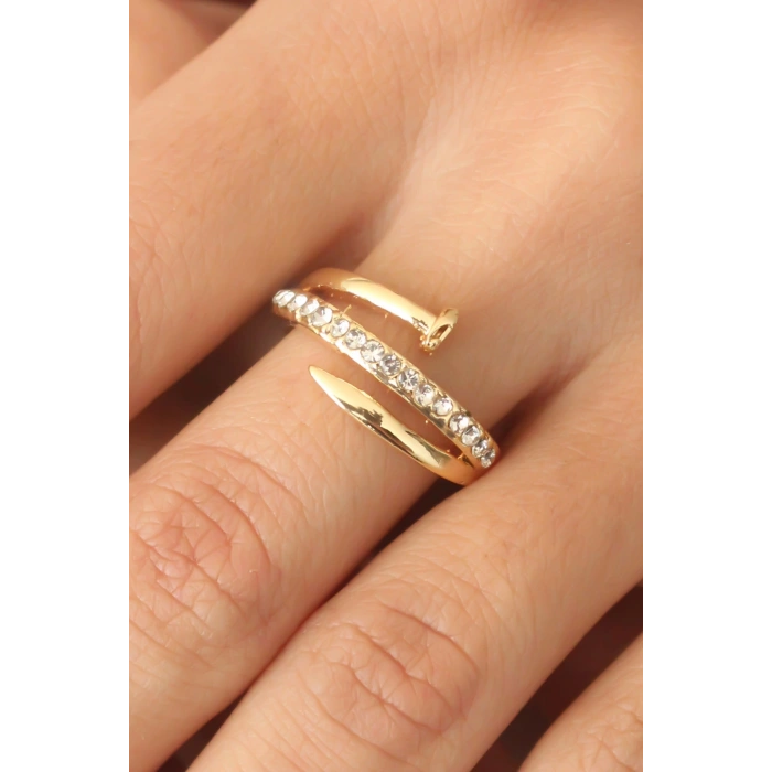 Gold Renk Taşlı Çivi Ayarlanabilir Kadın Yüzük