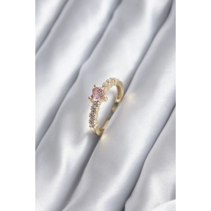 Gold Renk Zirkon Taşlı Pembe Kristal Kalp Model Kadın Yüzük
