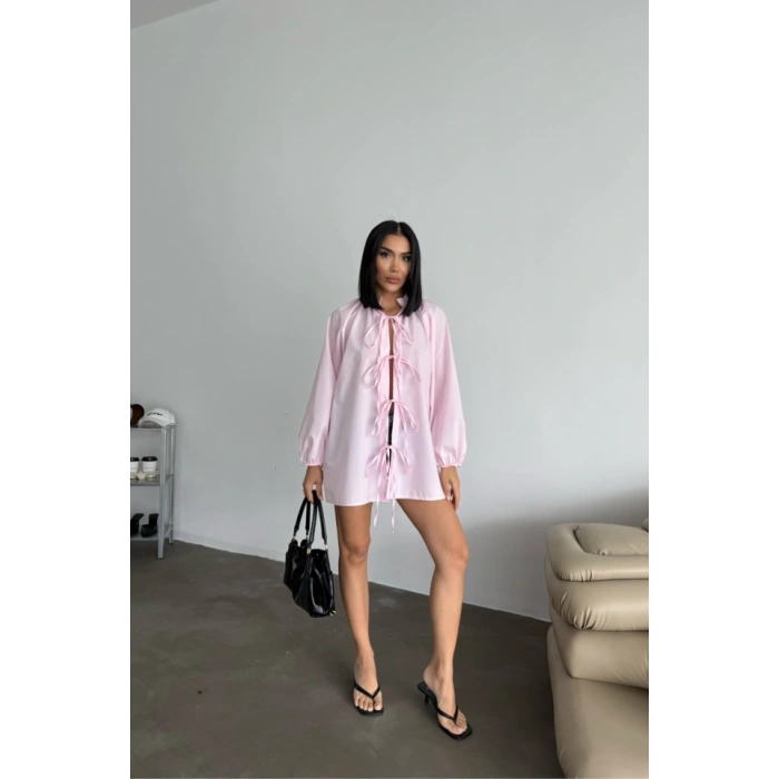 GÖMLEK POPLİN HAKİM YAKA ÖNDEN BAĞLAMA İP DETAYLI - Pembe