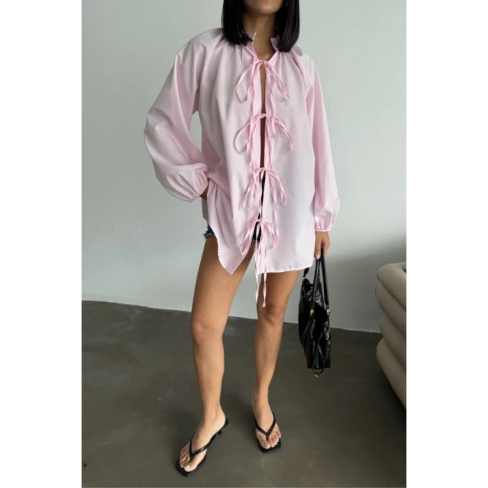 GÖMLEK POPLİN HAKİM YAKA ÖNDEN BAĞLAMA İP DETAYLI - Pembe