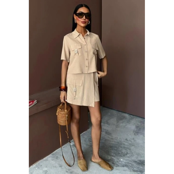 Gömlek Şort Etek Viscon Keten Takım 10162