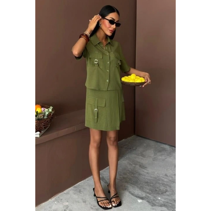 Gömlek Şort Etek Viscon Keten Takım 10162