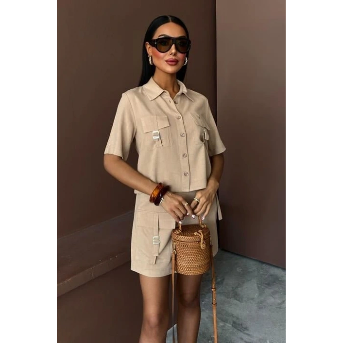 Gömlek Şort Etek Viscon Keten Takım 10162