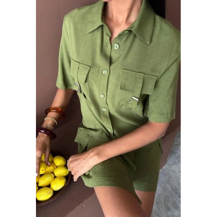 Gömlek Şort Etek Viscon Keten Takım 10162