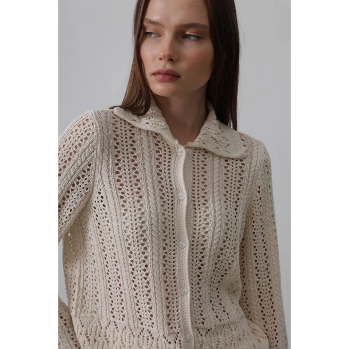 Gömlek Yaka Uzun Kol Triko - Ekru