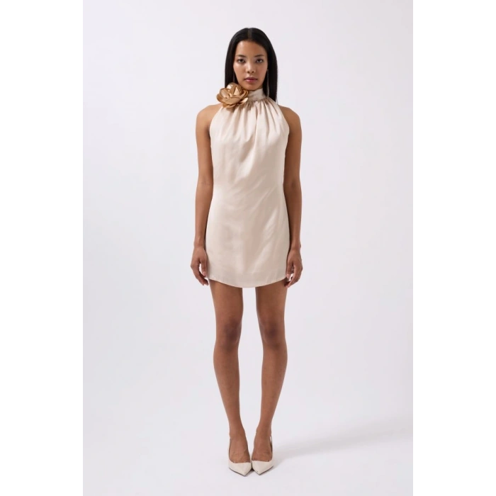 Gül Detay Mini Saten Elbise