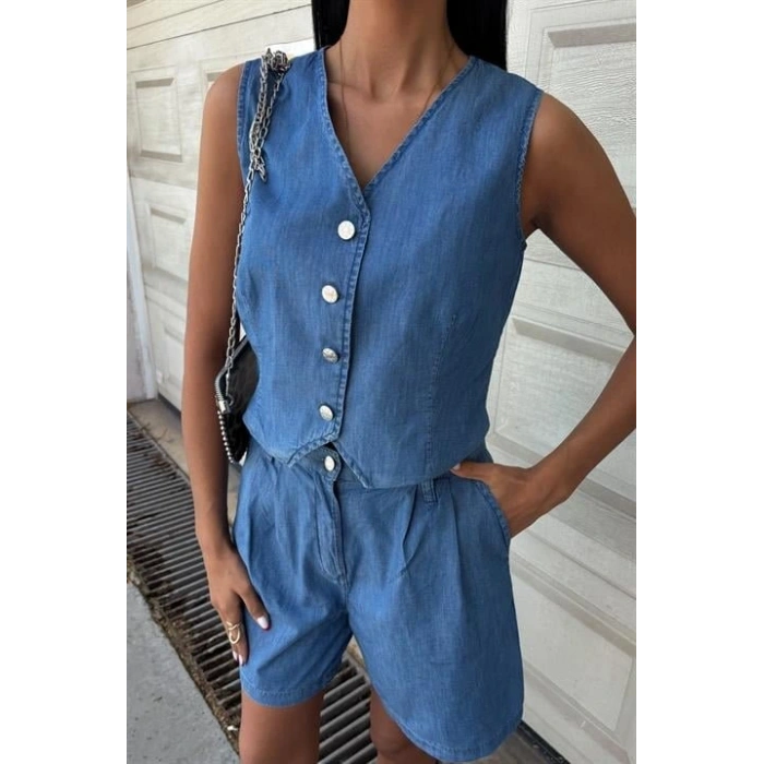 Gümüş Düğmeli Yelek Ve Şort Tensel Takım 10174