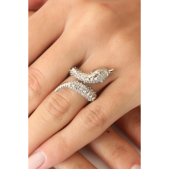 Gümüş Renk Zirkon Taşlı Ayarlanabilir Kadın Yılan Yüzük