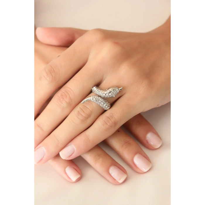 Gümüş Renk Zirkon Taşlı Ayarlanabilir Kadın Yılan Yüzük