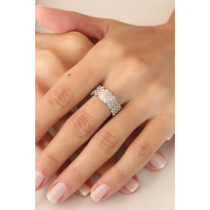 Gümüş Renk Zirkon Taşlı Kalpli Ayarlanabilir Kadın Yüzük