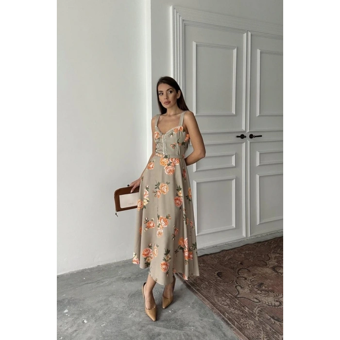 Haki İnce Kemer Detaylı Elbise