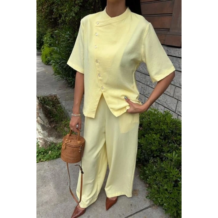 Hakim Yaka Çapraz Düğmeli Plazzo Pantolon Viscon Keten Takım 10209