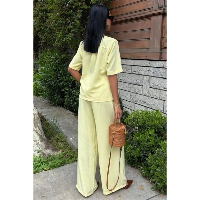 Hakim Yaka Çapraz Düğmeli Plazzo Pantolon Viscon Keten Takım 10209