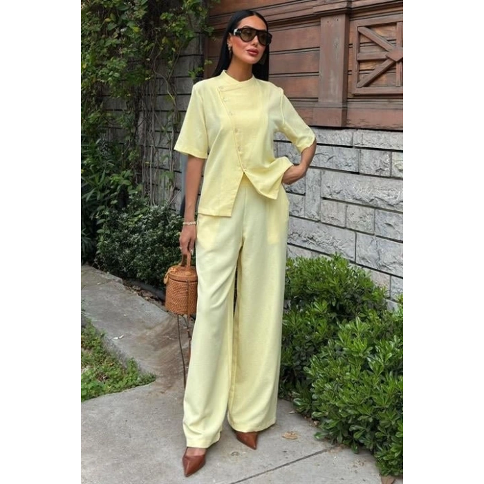 Hakim Yaka Çapraz Düğmeli Plazzo Pantolon Viscon Keten Takım 10209