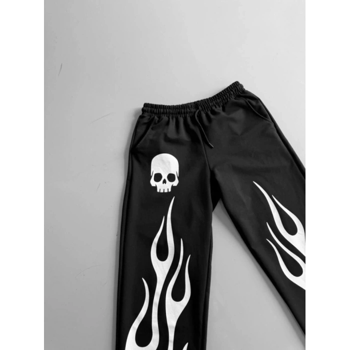 İki İplik Baskılı Kumaş Baggy Alt Esofman - Siyah