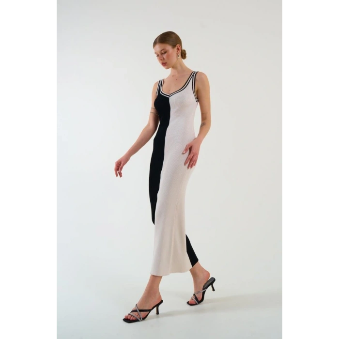 İki Renki Kolsuz Elbise - Siyah-Krem